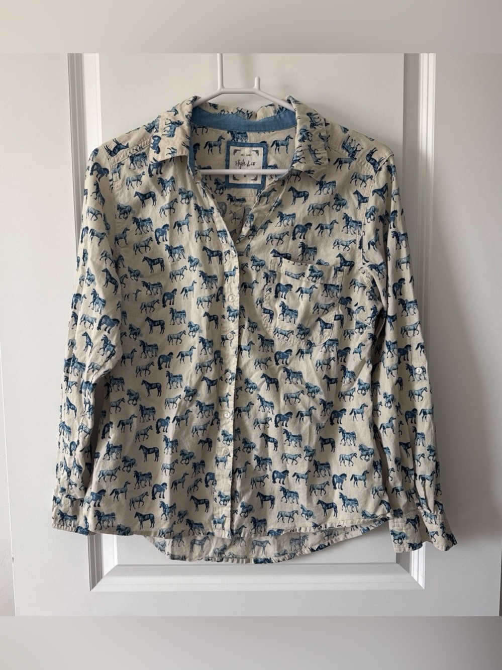 Style & Co. Cream Button-Up Blouse with Blue Horse Print